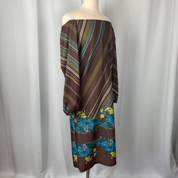 Vintage Boho Dress Size Medium Floral Brown Blue Off Shoulder 70s Retro Hippie - Picture 5 of 16